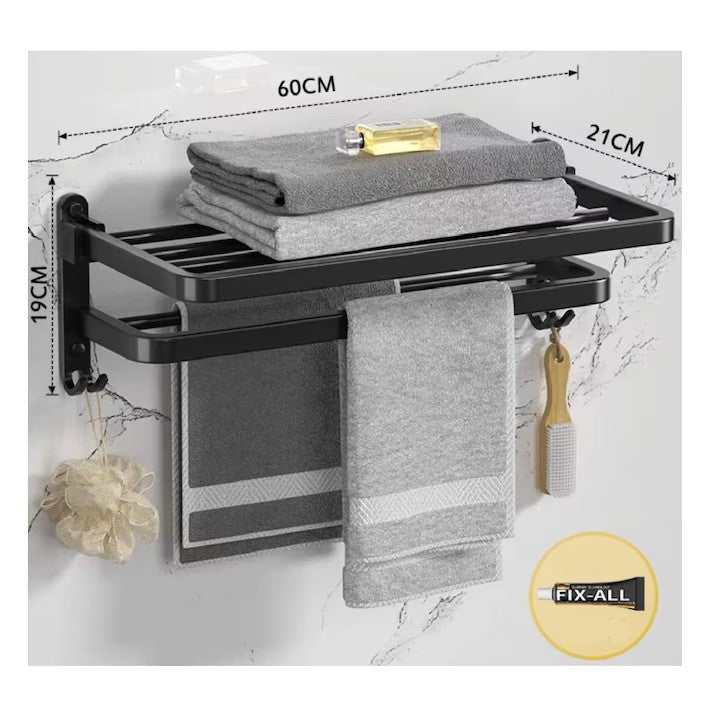 Suport Pliabil pentru Prosoape Baie AT PERFORMANCE®, Oțel Inoxidabil Negru, 60x21x19 cm – Compact, Elegant, Ușor de Montat